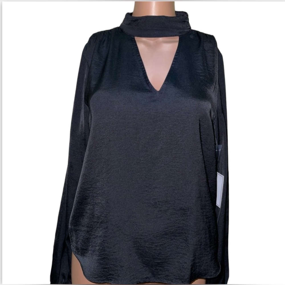 1.STATE BLACK KEYHOLE CUTOUT MOCK NECK BLOUSE WOMEN LONG SLEEVE RUB  SHOULDER XS